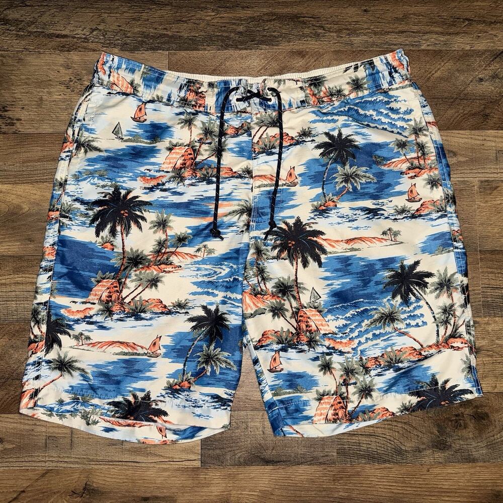 St Johns Bay Large Swim Trunks Navy Blue Hawaiian Tropical Drawstring Mesh Lined